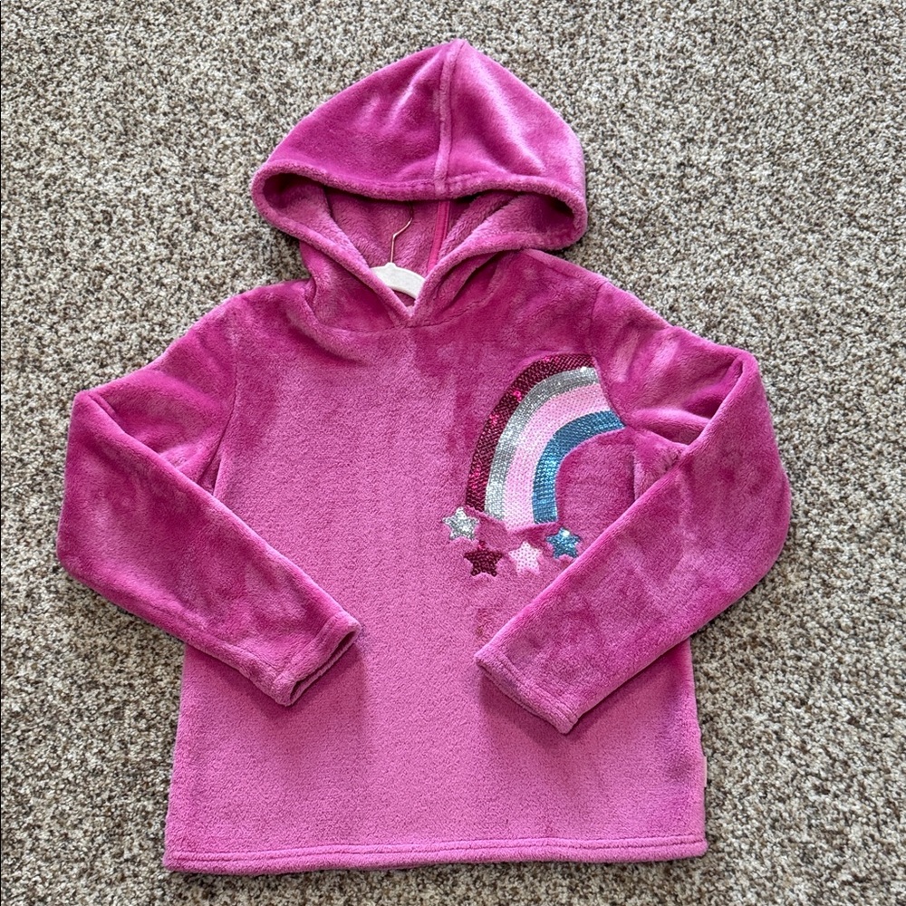 BCBG Girls plush Pink hoodie with sequin Rainbow stars Design